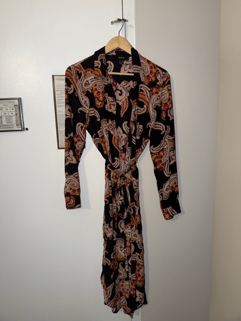 Forever 21 Black Paisley Long-Sleeve Wrap Dress with Warm Accents